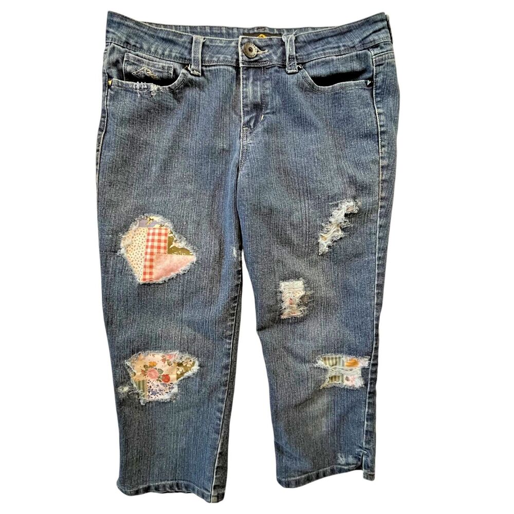 Jordache Jeans Women 6 Cropped Distressed Boho Patches Mid Rise Stretch (W32L20)
